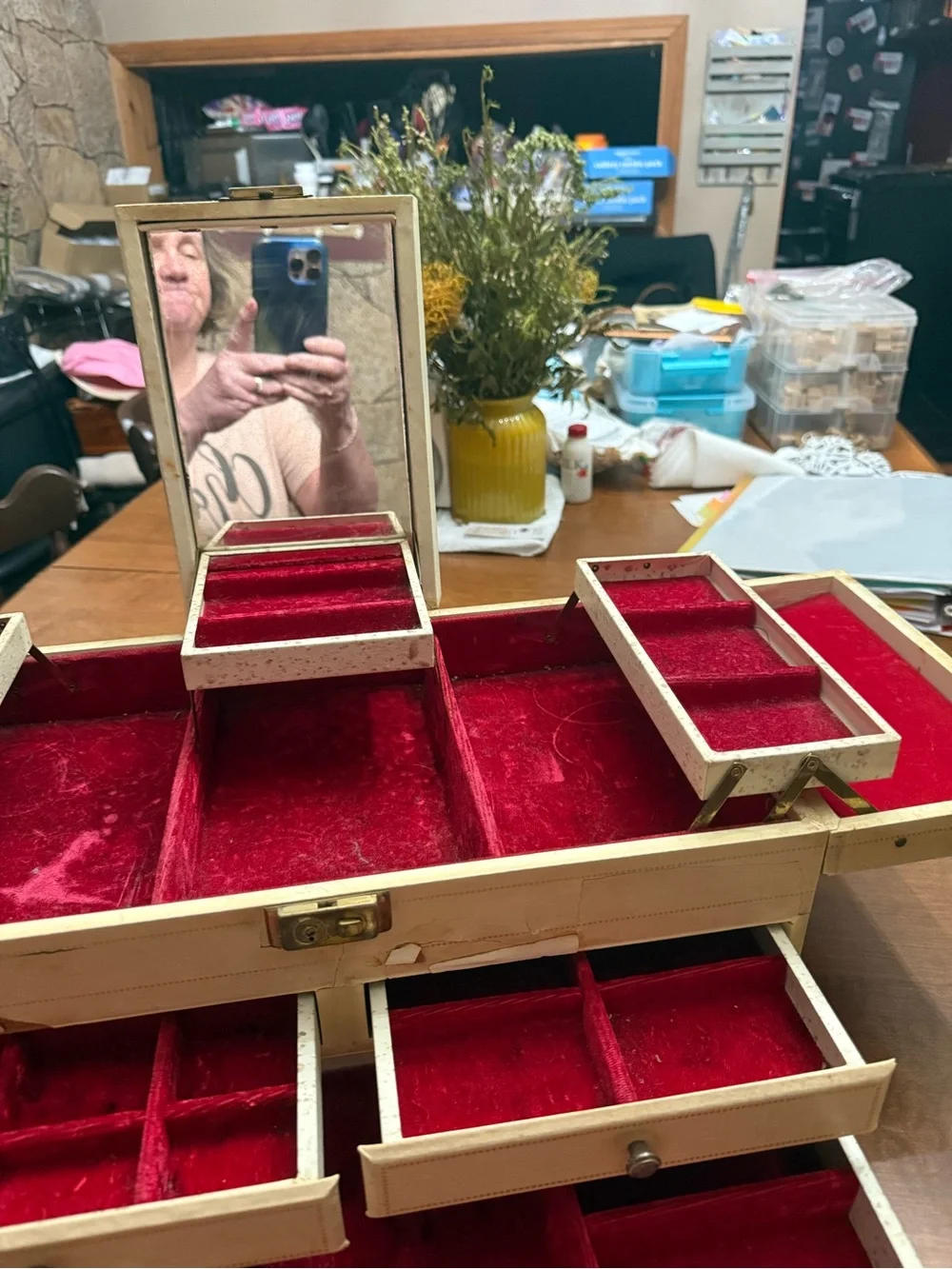 Vintage Mele Cream Jewelry Box Red Velvet Lining Tier Trays Drawers MCM